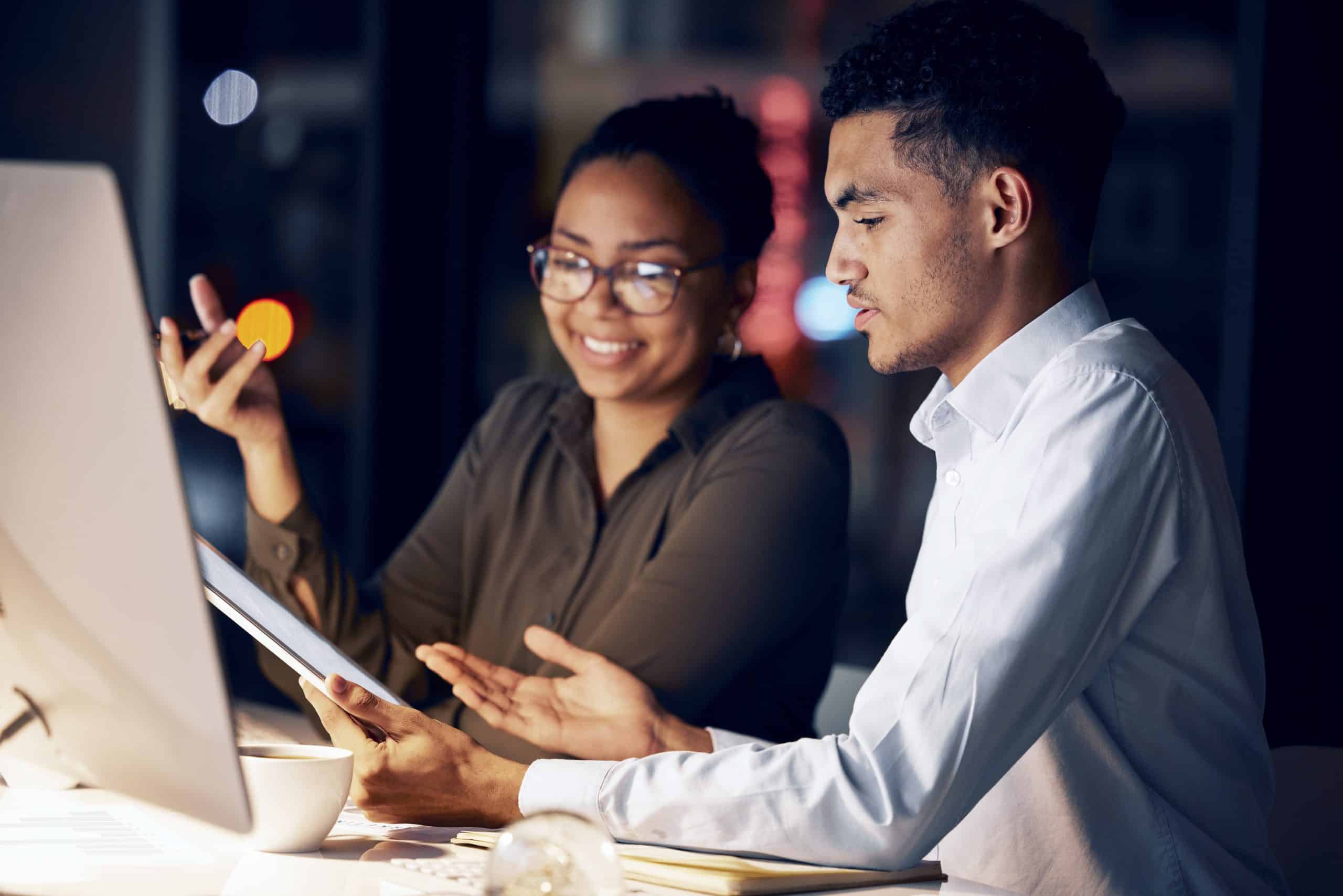 Tablet reading, night collaboration and business people review article for website database